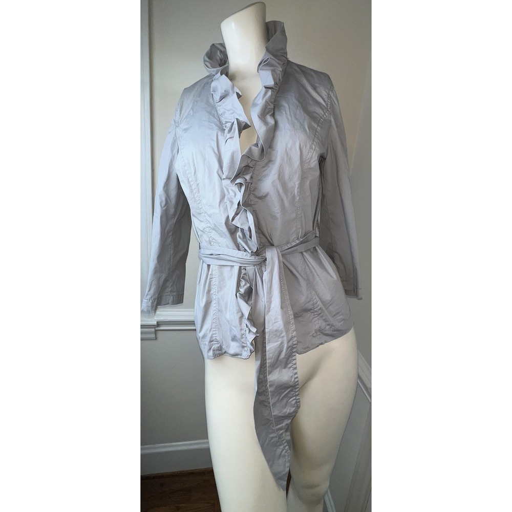 LOFT Petites Women's Gray Solid Ruffle Jacket Button Front Belted Size 4P